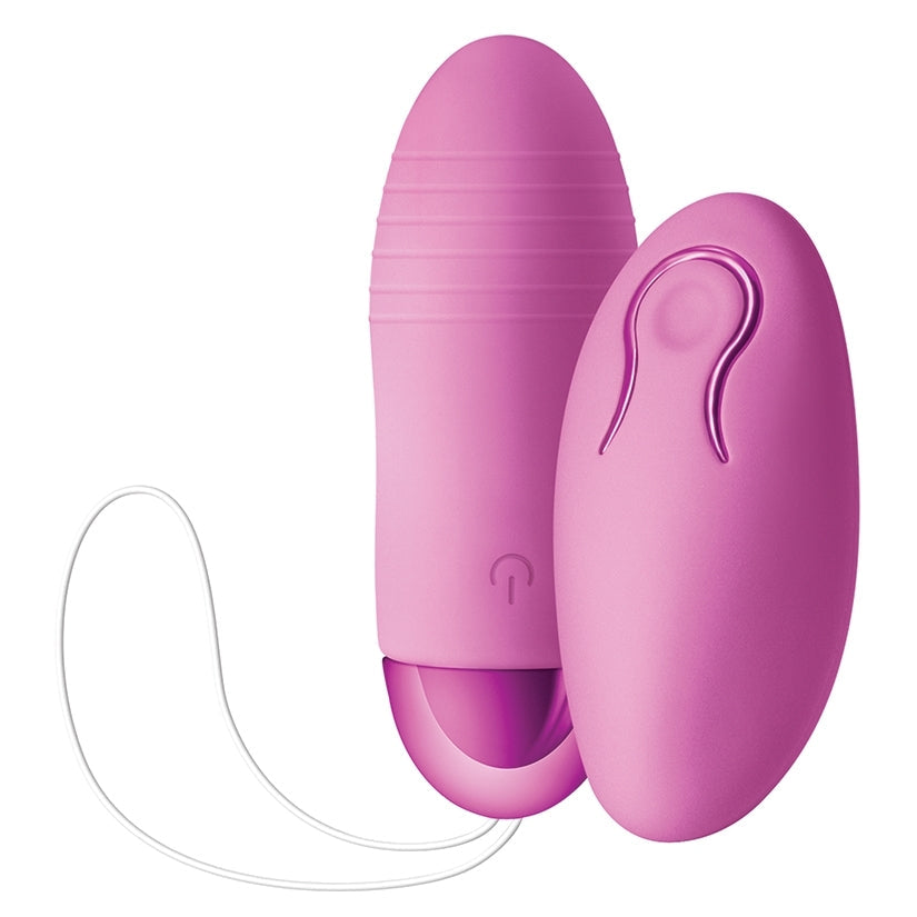 Pink electronic device with a cable on a white background
