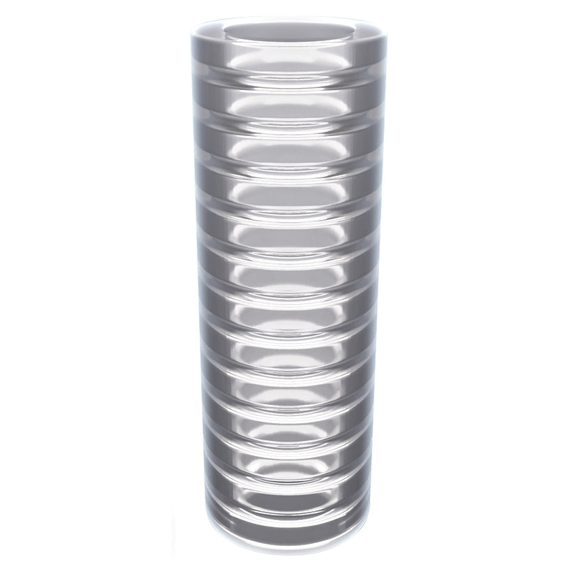 Silver cylindrical vase with wavy design on a white background