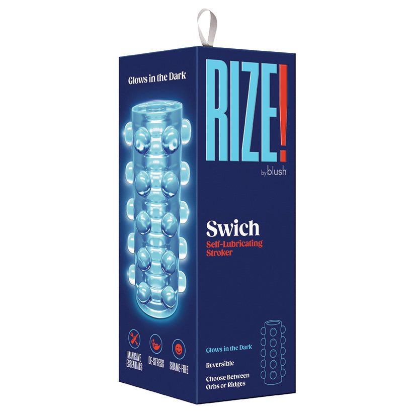 Box of RIZE! by blush Swich self-lubricating stroker with blue glowing product on a white background