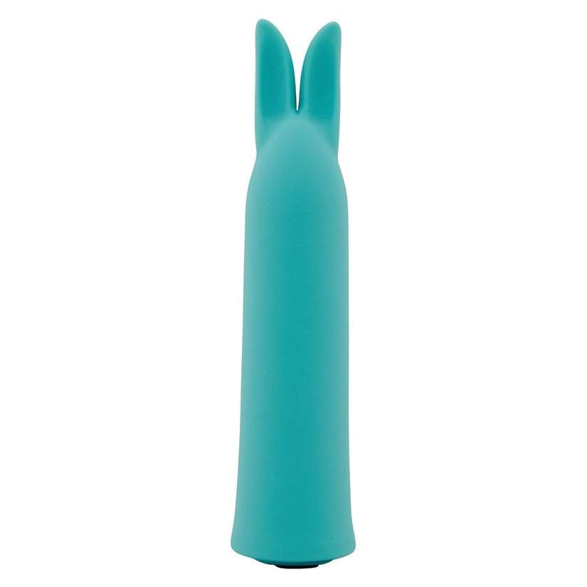 A turquoise silicone bunny-shaped personal massager with upright ears, shown from the back against a solid white background.