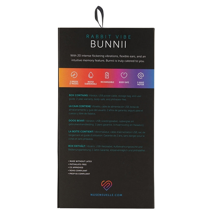 Product packaging for 'Bunnii' with colorful text on a black background