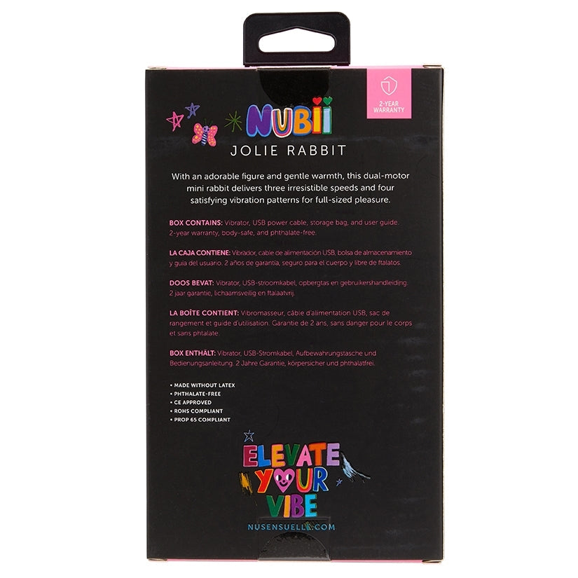 Product packaging for 'Jolie Rabbit' by Nubii with colorful branding on a black background.