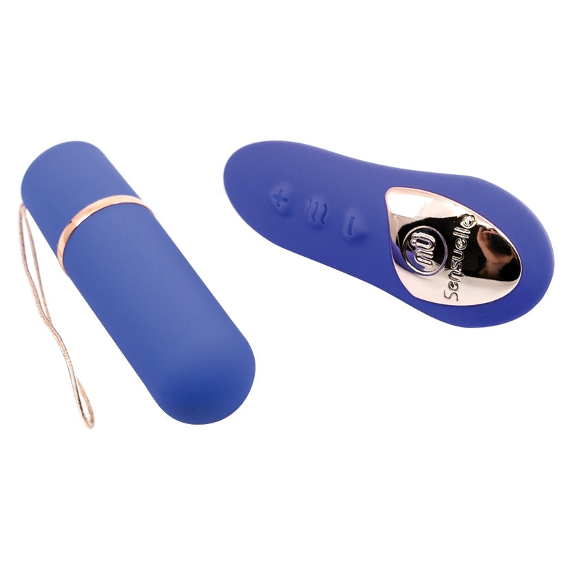 Blue silicone device with a rose gold accent on a white background