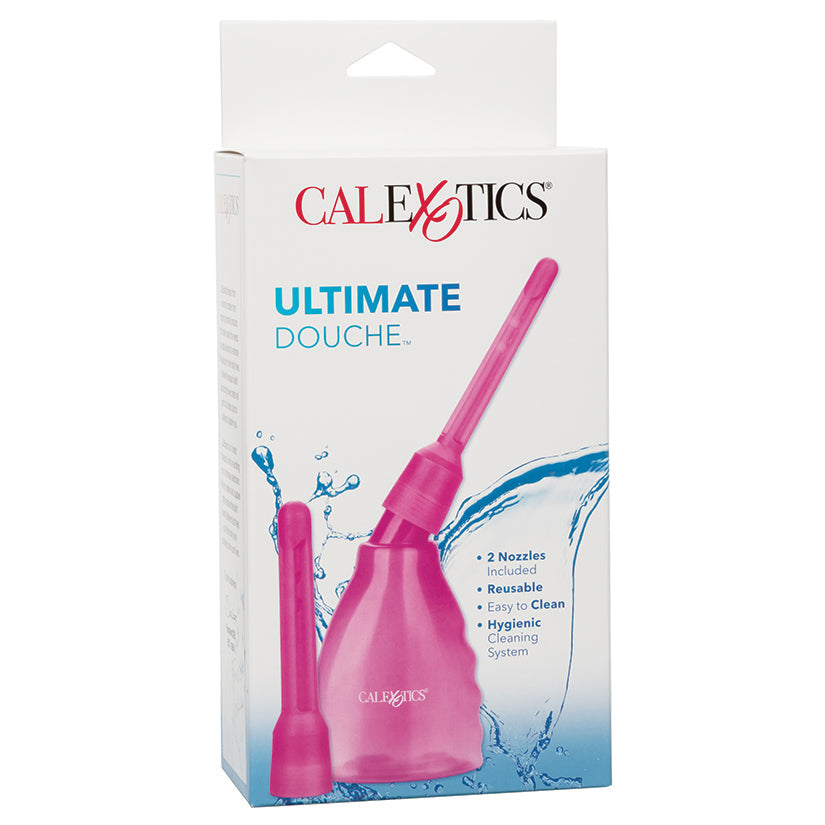 Calexotics Ultimate Douche packaging with pink douche and water droplets on a white background